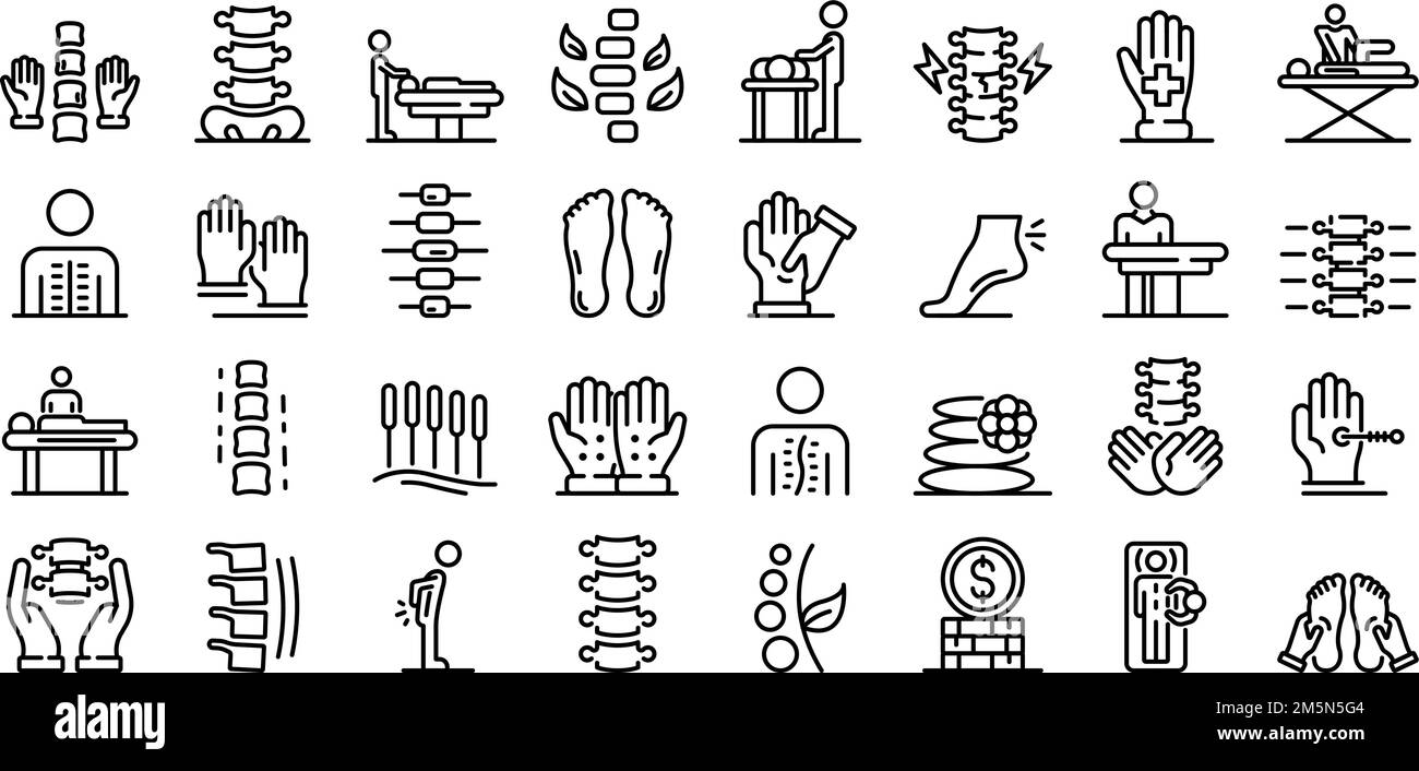 Symbole für Osteopathie eingestellt. Skizzieren Sie einen Satz von Osteopathie-Vektorsymbolen für das Webdesign isoliert auf weißem Hintergrund Stock Vektor
