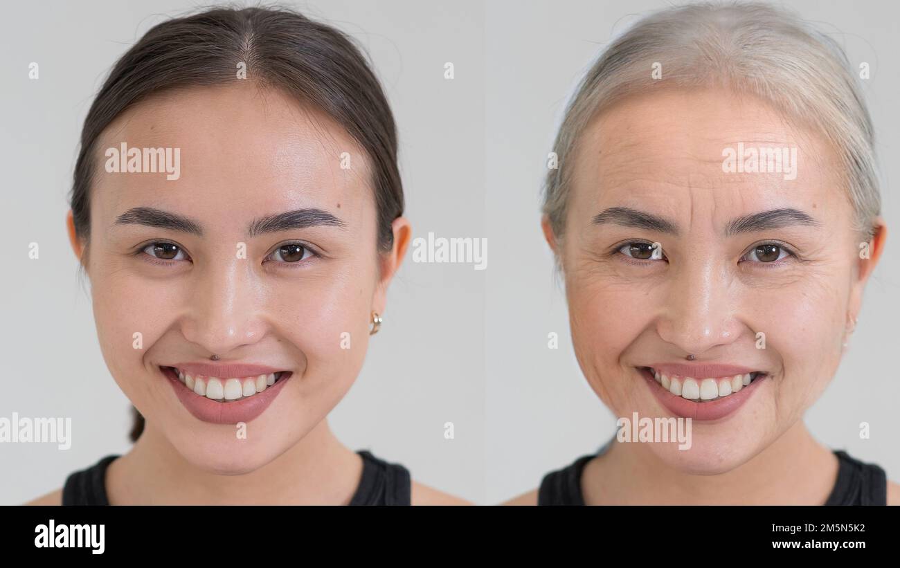 Porträt einer lächelnden jungen Asiatin und ihr altes Exemplar. Schönheitskonzept vorher und nachher. Stockfoto