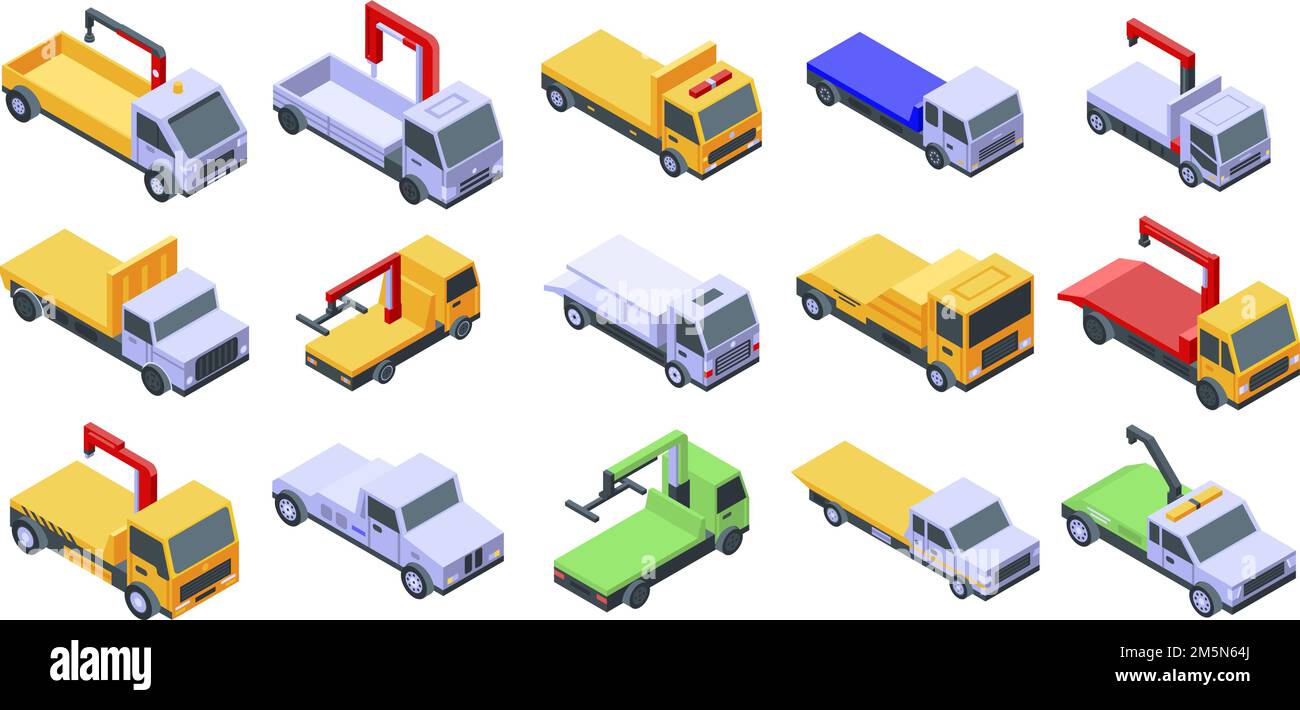 Symbole für Abschleppwagen eingestellt. Isometrischer Satz von Vektor-Symbolen für das Webdesign auf weißem Hintergrund Stock Vektor