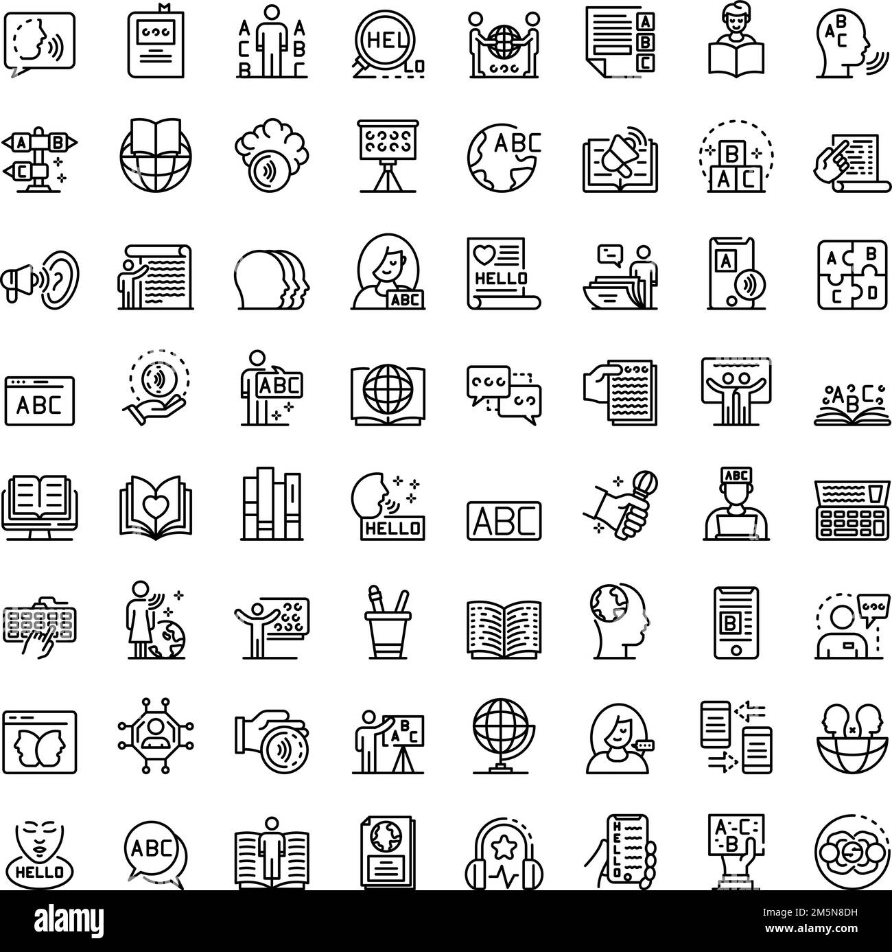 Symbole für Linguisten eingestellt. Skizzieren Sie einen Satz linguistischer Vektorsymbole für das Webdesign auf weißem Hintergrund Stock Vektor