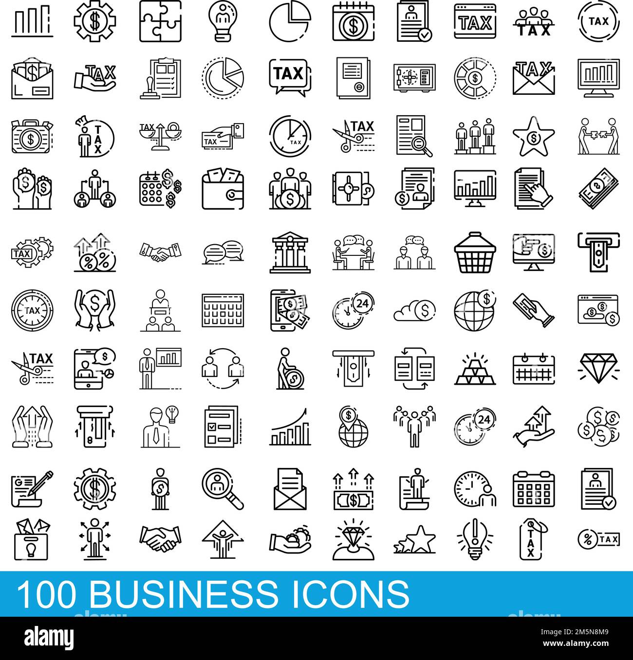 100 Business-Icons gesetzt. Skizzieren Sie die Darstellung von 100 Geschäftssymbolen, die auf weißem Hintergrund isoliert sind Stock Vektor