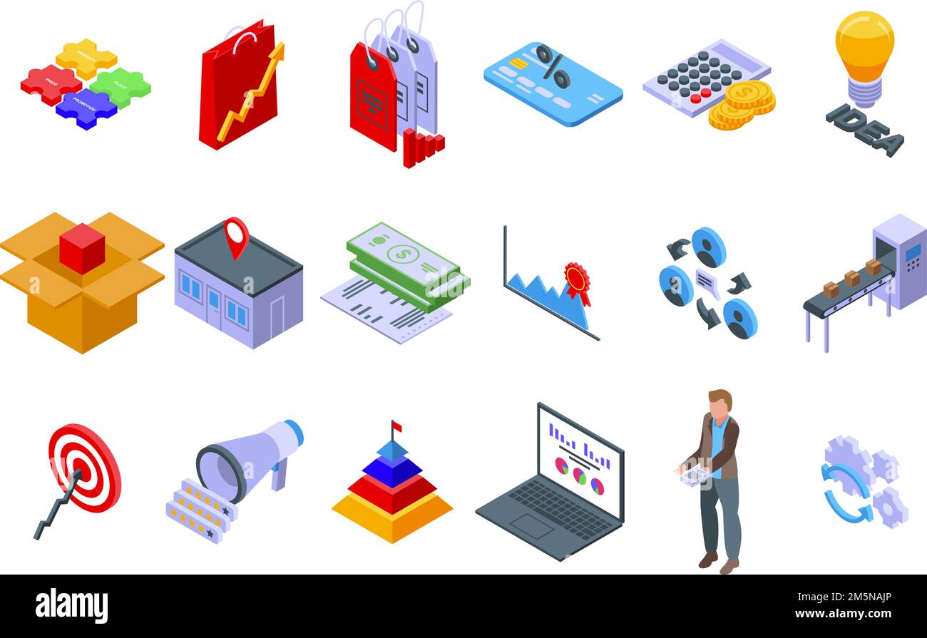 Symbole für Marketingmix festgelegt. Isometrischer Satz von Marketing-Mix-Vektorsymbolen für Webdesign auf weißem Hintergrund isoliert Stock Vektor