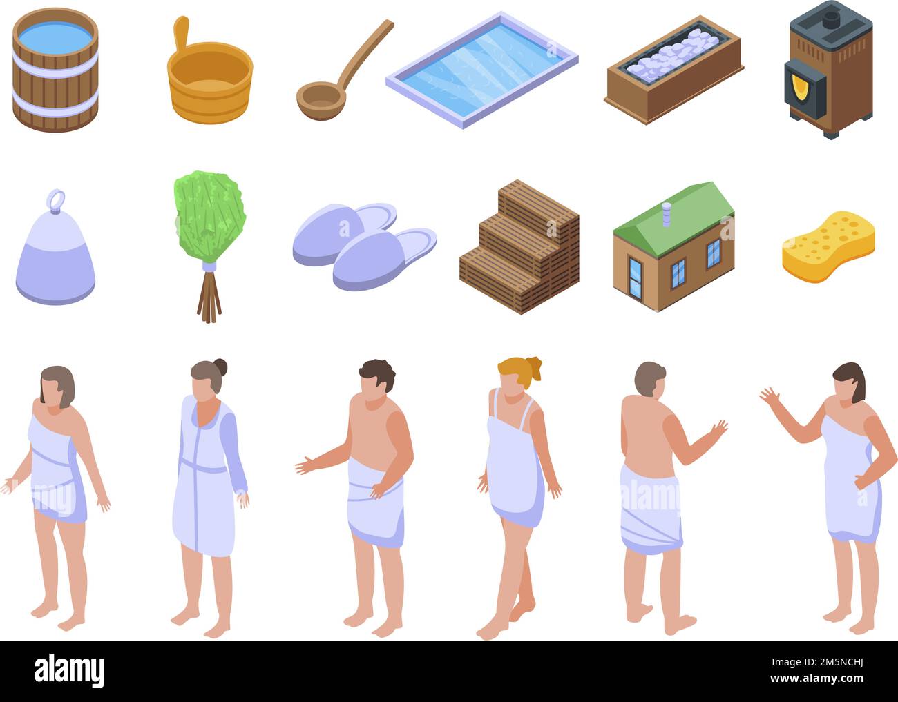 Symbole für die Sauna. Isometrische Gruppe von Sauna-Vektor-Icons für Web-Design isoliert auf weißem Hintergrund Stock Vektor