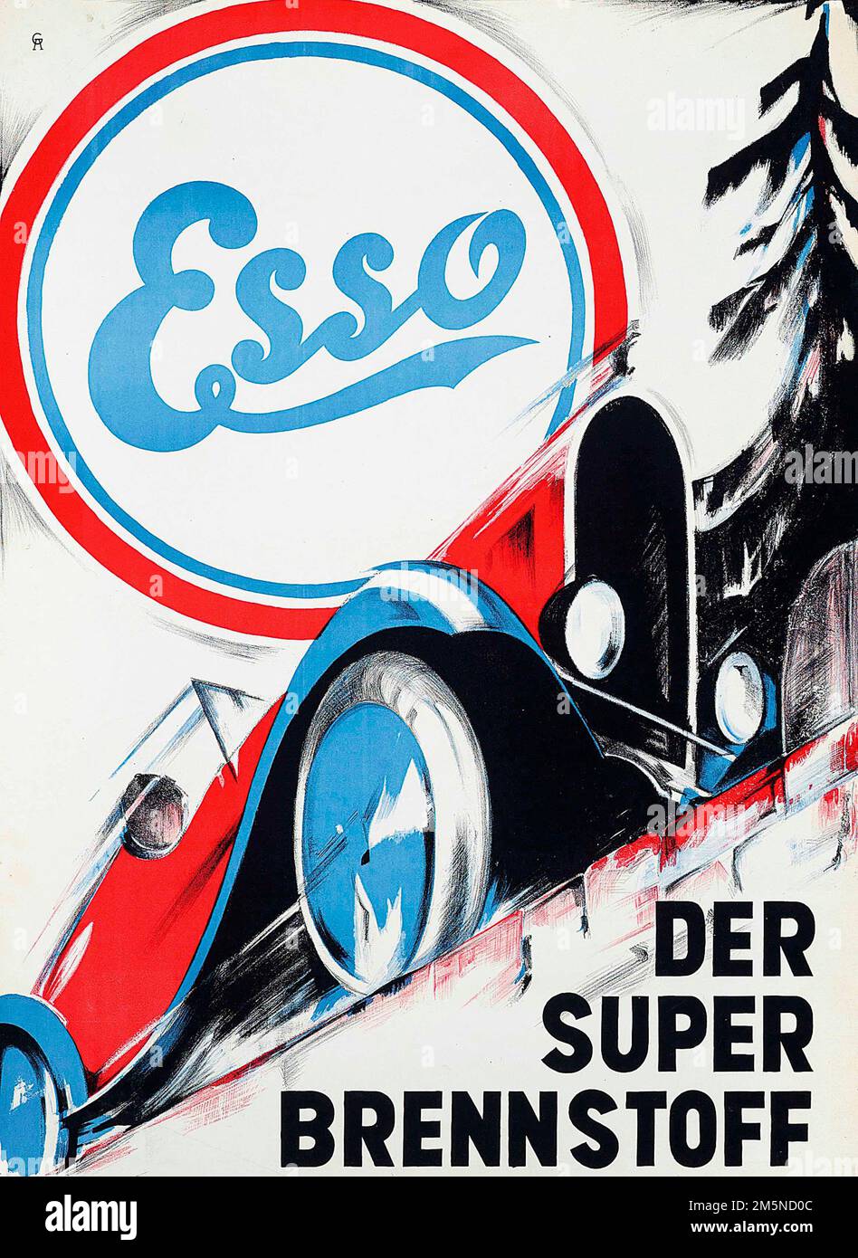 Altes Werbetoster mit einem Oldtimer – ESSO der Super Brennstoff, c 1948 Stockfoto