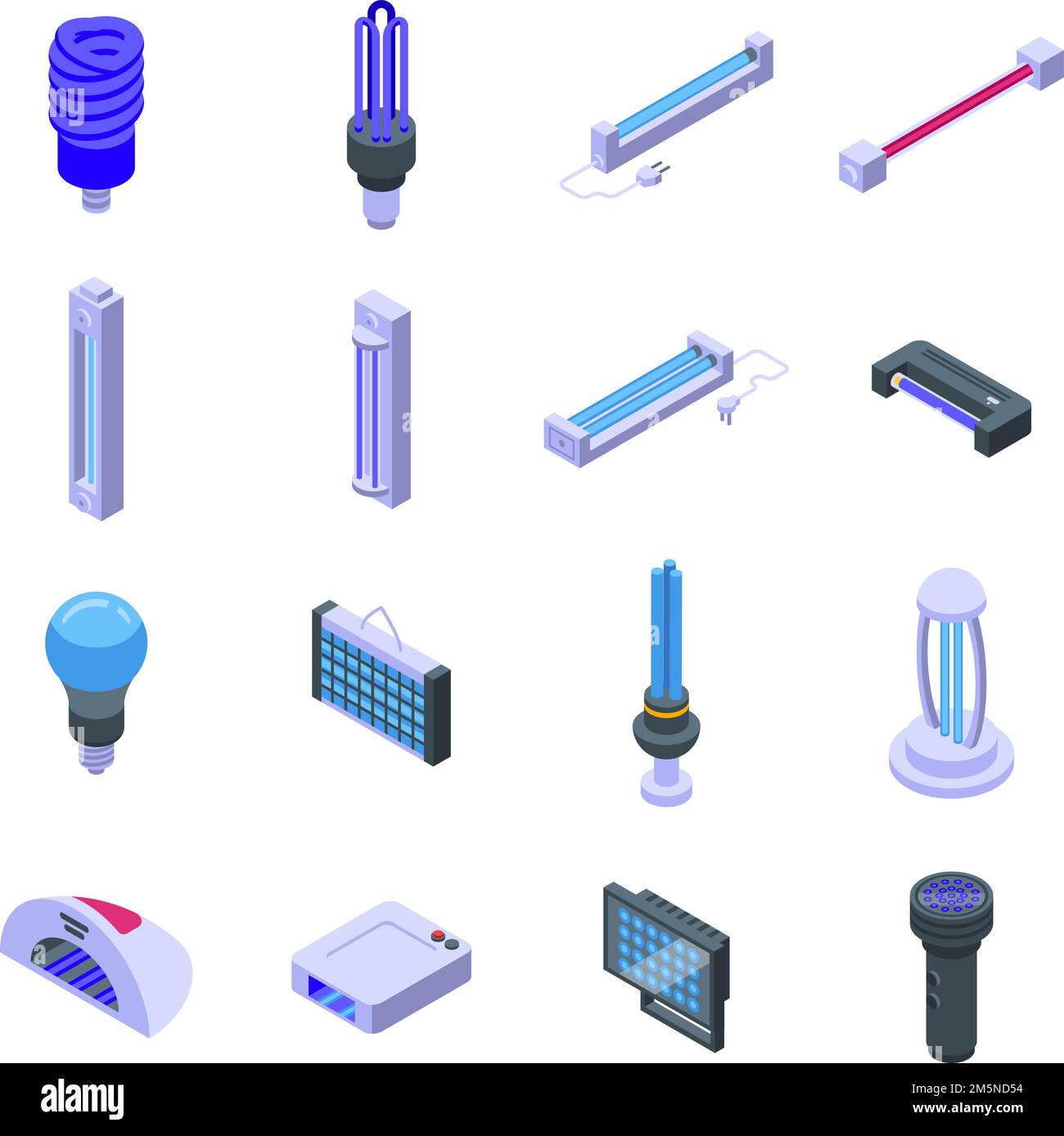 Symbole für UV-Lampen eingestellt. Isometrischer Satz von Vektorsymbolen für UV-Lampen für Webdesign auf weißem Hintergrund isoliert Stock Vektor