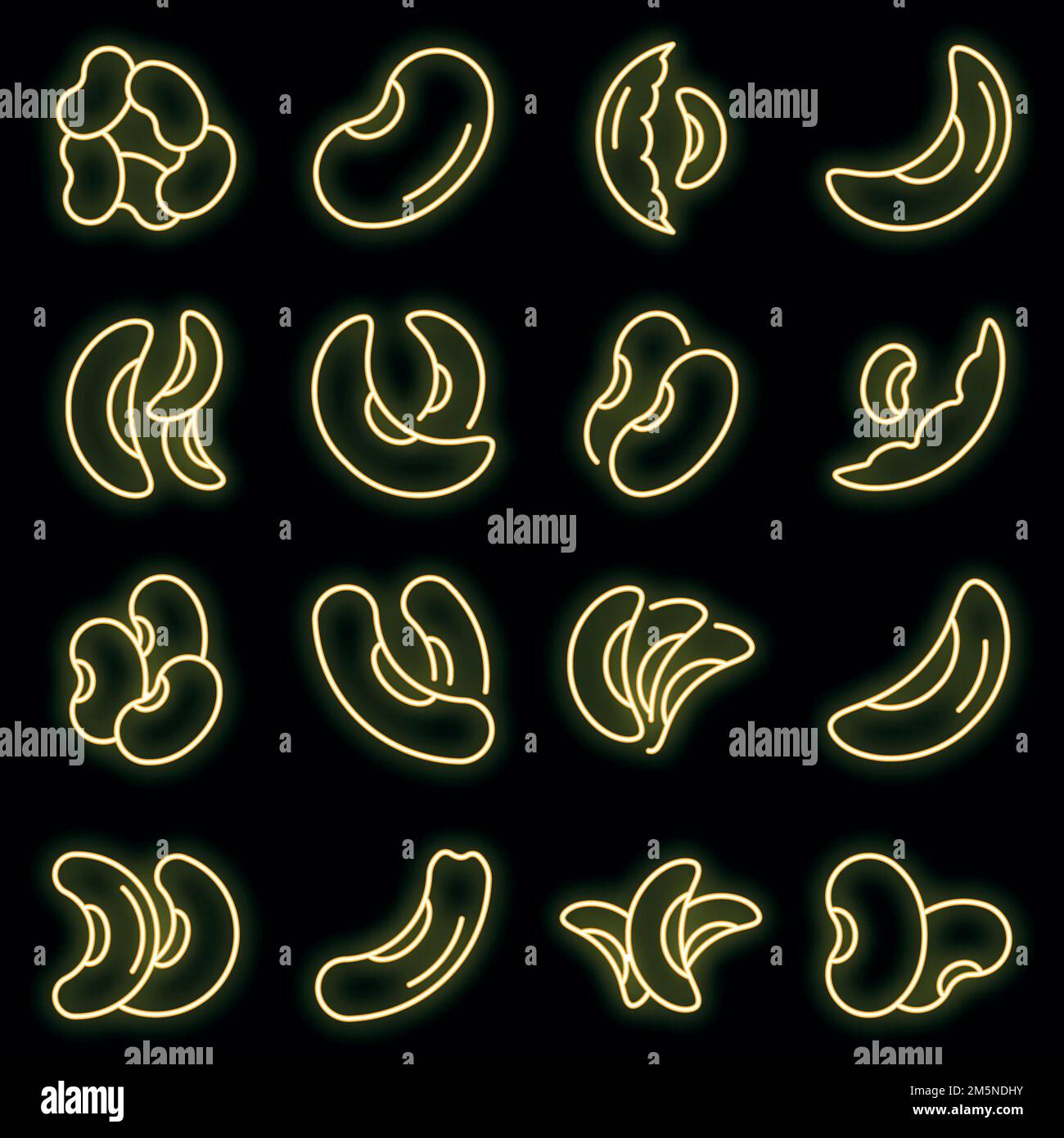 Symbole für Nierenbohne eingestellt. Umreißt einen Satz von Vektorsymbolen für die Nierebohne in Neonfarbe auf Schwarz Stock Vektor