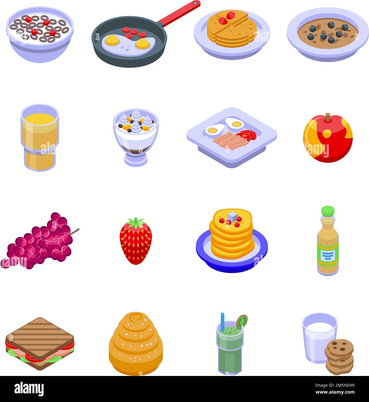 Symbole für gesundes Frühstück. Isometrischer Satz von Vektorsymbolen für gesundes Frühstück für Webdesign auf weißem Hintergrund isoliert Stock Vektor