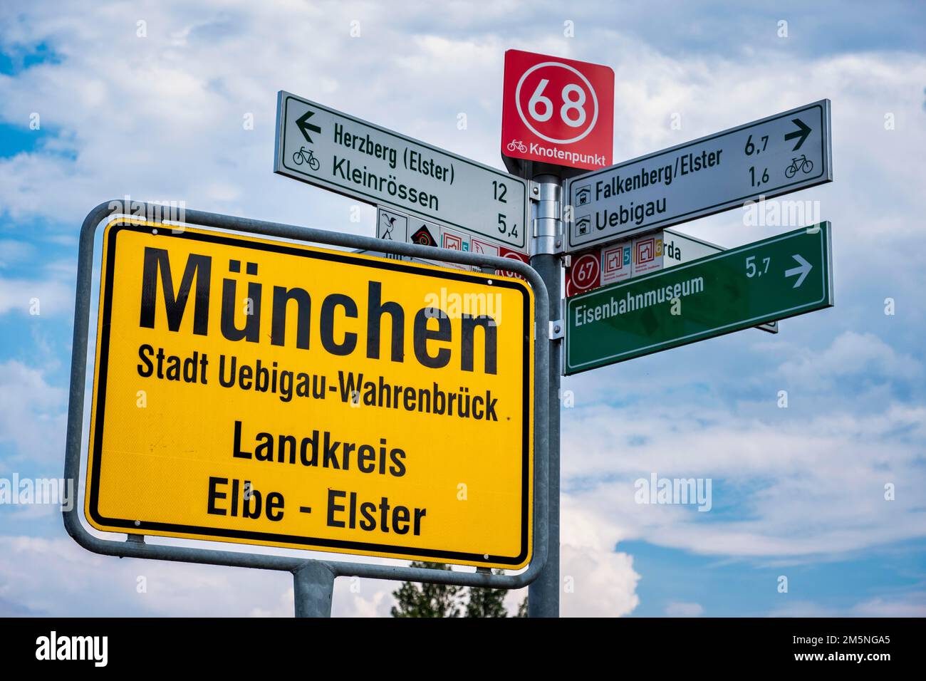 Ortsschild München, Bezirk Uebigau-Wahrenbrücken, Brandenburg, Deutschland Stockfoto