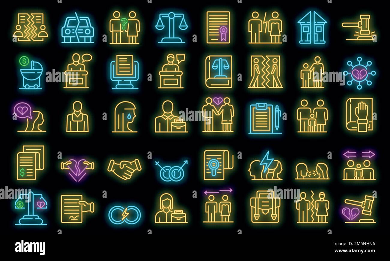 Scheidungssymbole gesetzt. Skizzieren Satz von Scheidung Vektor-Symbole Neonfarbe auf schwarz Stock Vektor