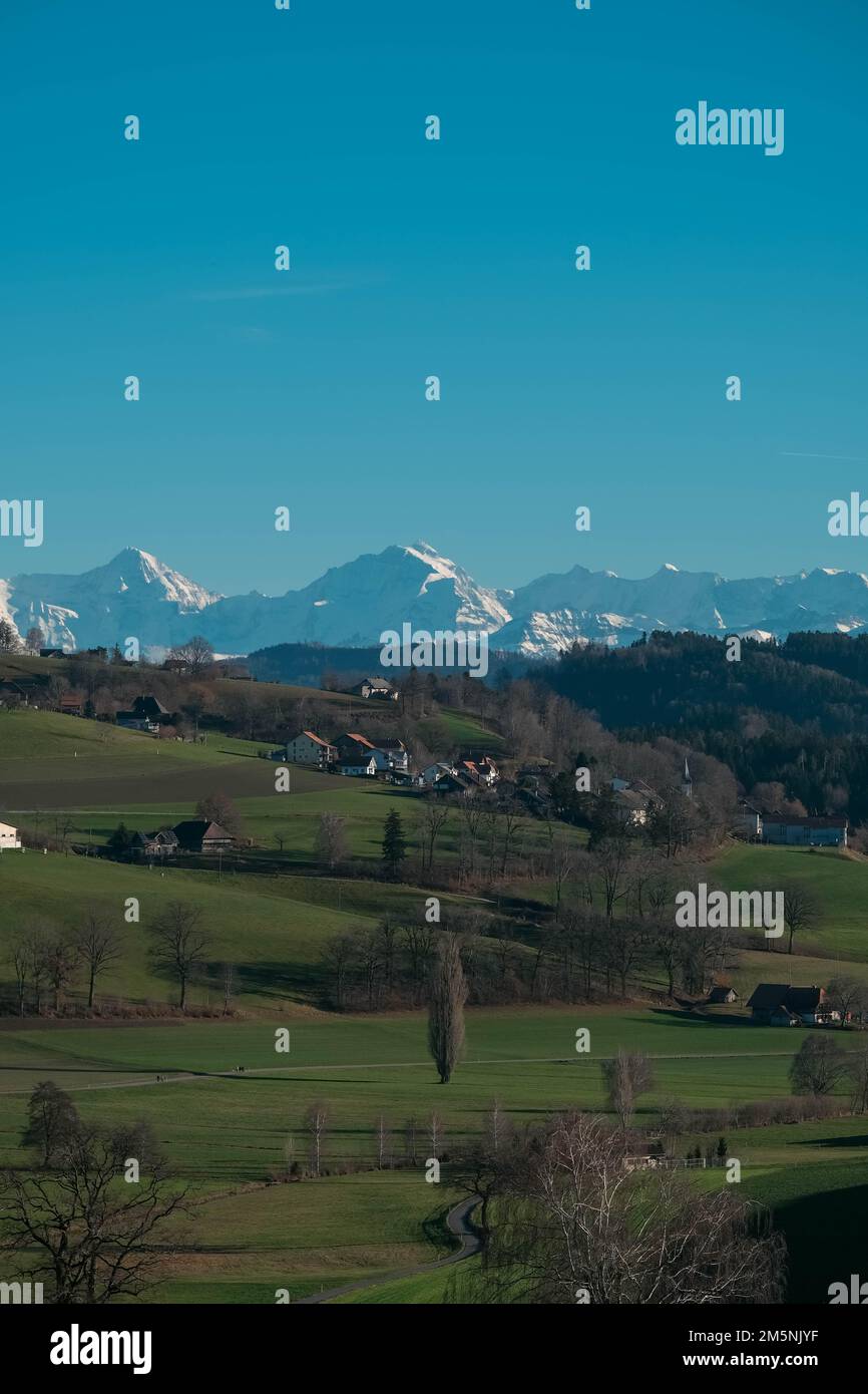 Schweizer Landschaft mit verschneiten Bergen und grünem blauem Vordergrund, vertikales Foto Stockfoto