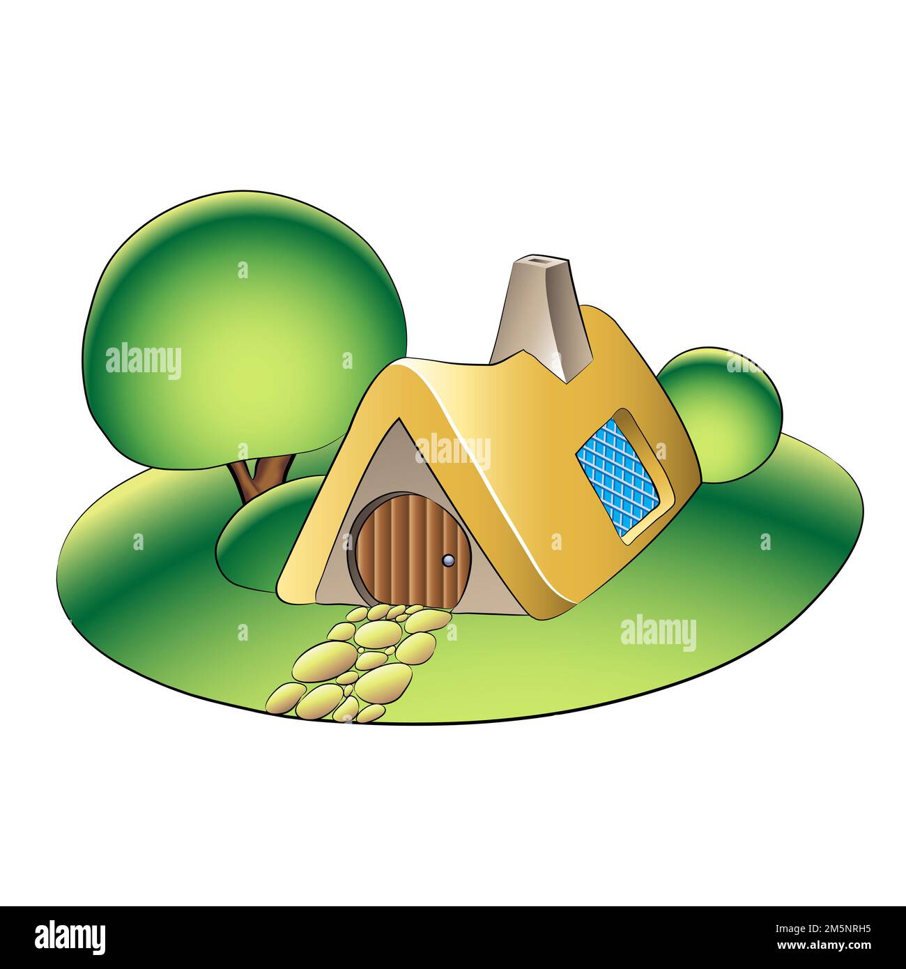 Illustration eines Märchenhauses und grünen Gartens mit Bäumen und Sträuchern isoliert auf weißem Hintergrund Stockfoto