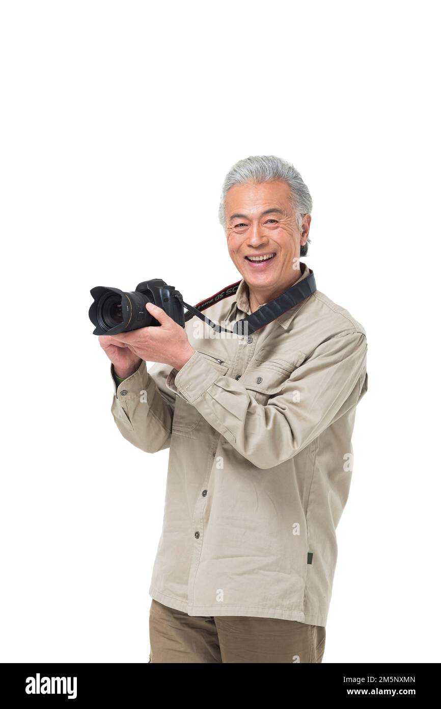 Ältere Männer reisen auf Fotos Stockfoto