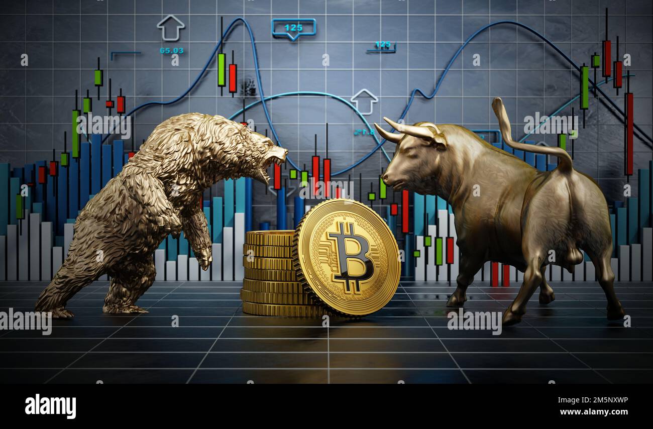 Goldener Bulle und Bär stehen neben generischen Bitcoin-Kryptowährungen. Aktiendiagramme im Hintergrund. 3D Abbildung. Stockfoto