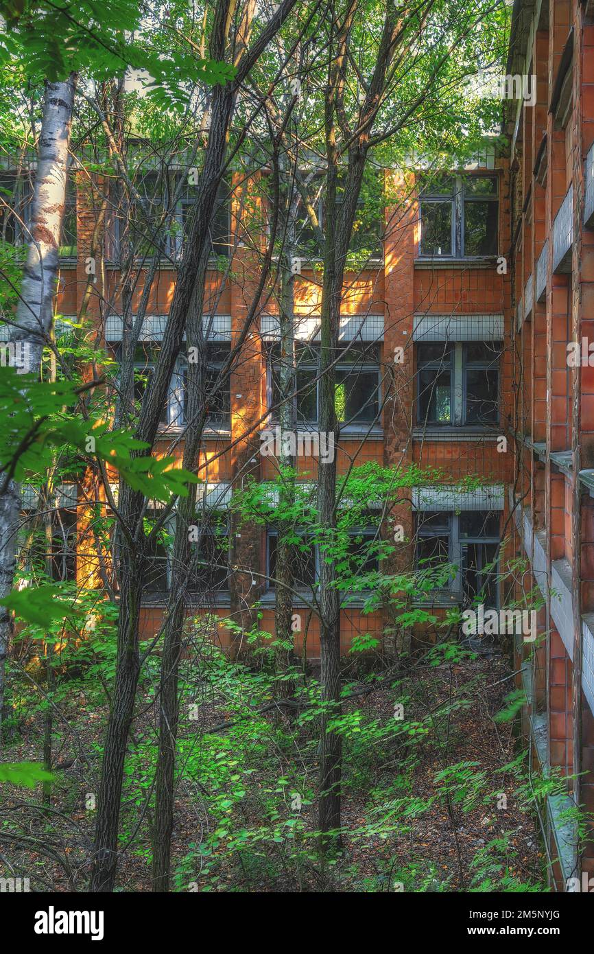 Schulhof, Mittelschule #3, Lost Place, Prypyat, Tschernobyl-Sperrzone, Ukraine, Osteuropa Stockfoto