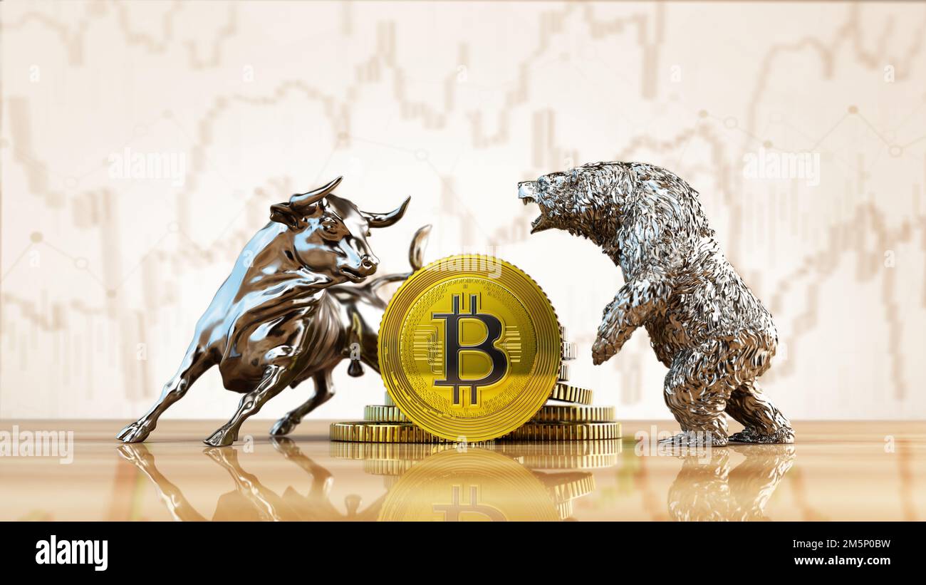 Silberbulle und Bär stehen neben generischen Bitcoin-Kryptowährungen. Aktiendiagramme im Hintergrund. 3D Abbildung. Stockfoto