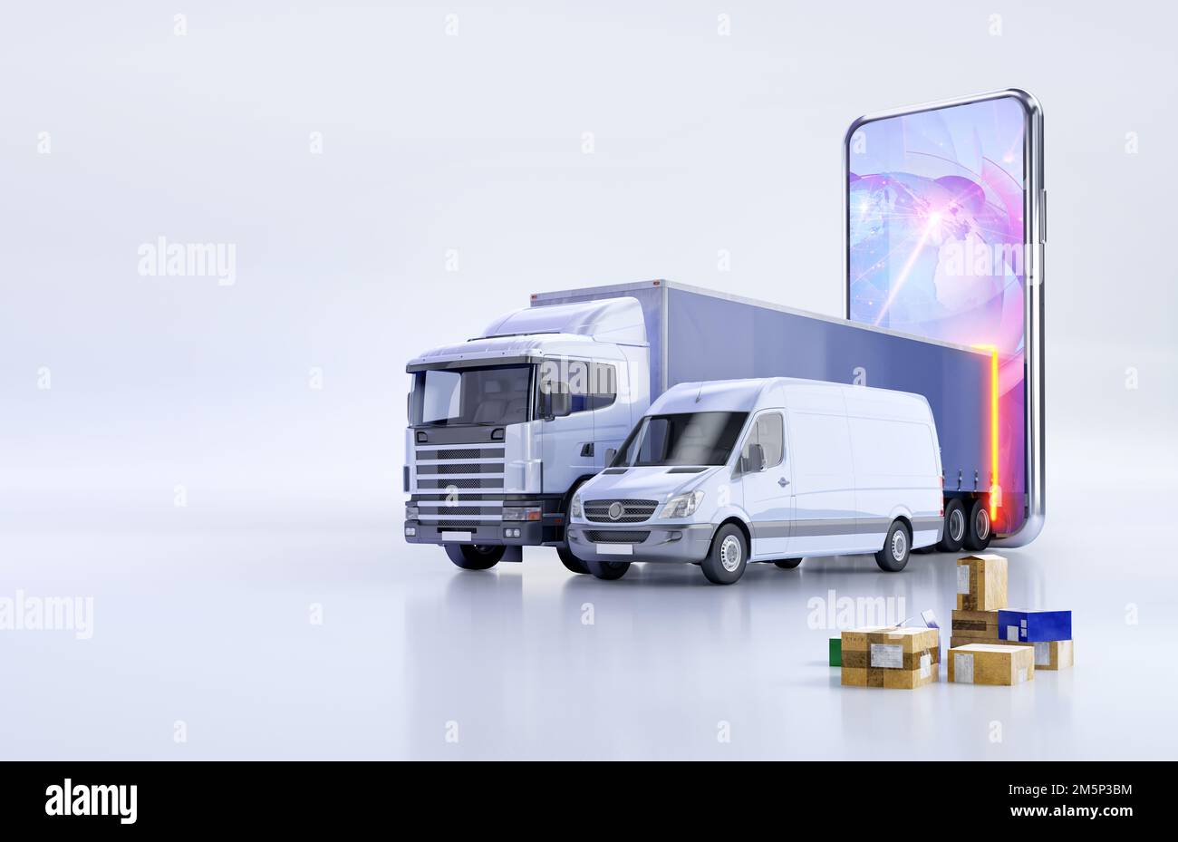 Schnelle Lieferung, Online-Tracking-Service App 3D Illustrationskonzept mit Lieferwagen, Transporter, Paketkartons, mobilem Smartphone, Logistik Stockfoto