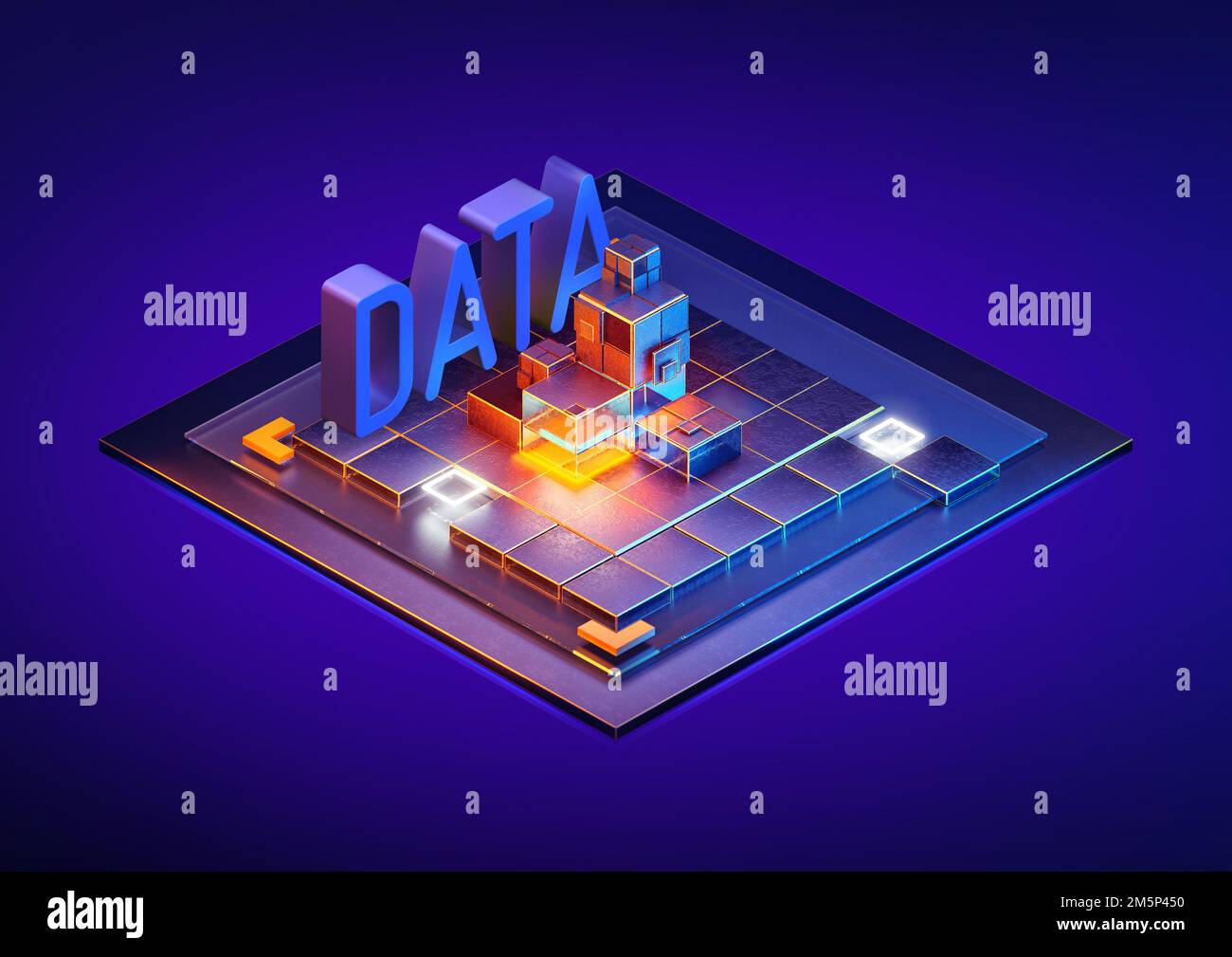 Isometrisches abstraktes Web-Infografik-Design für Big Data Flow 3D. Isometrisches Design für Geschäftsmanagement Minimaler Hintergrund. Systemtechnologie, globales Netzwerk Stockfoto