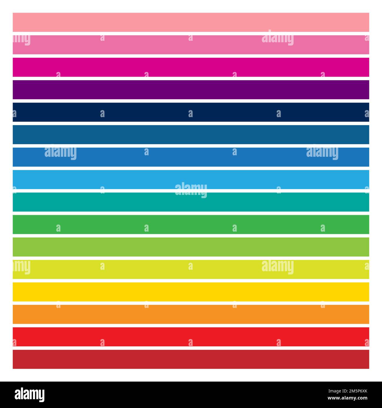 Abbildung: Horizontale dünne Rechtecke in Regenbogenfarben, isoliert auf weißem Hintergrund Stockfoto