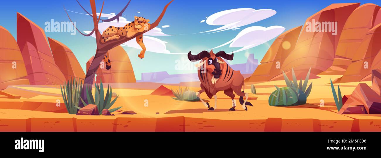 Afrikanische Naturlandschaft mit exotischen Savannentieren. Cartoon-Vektordarstellung von Geparden, die auf Bäumen schlafen und Büffeln, die im Wildpark wi spazieren Stock Vektor