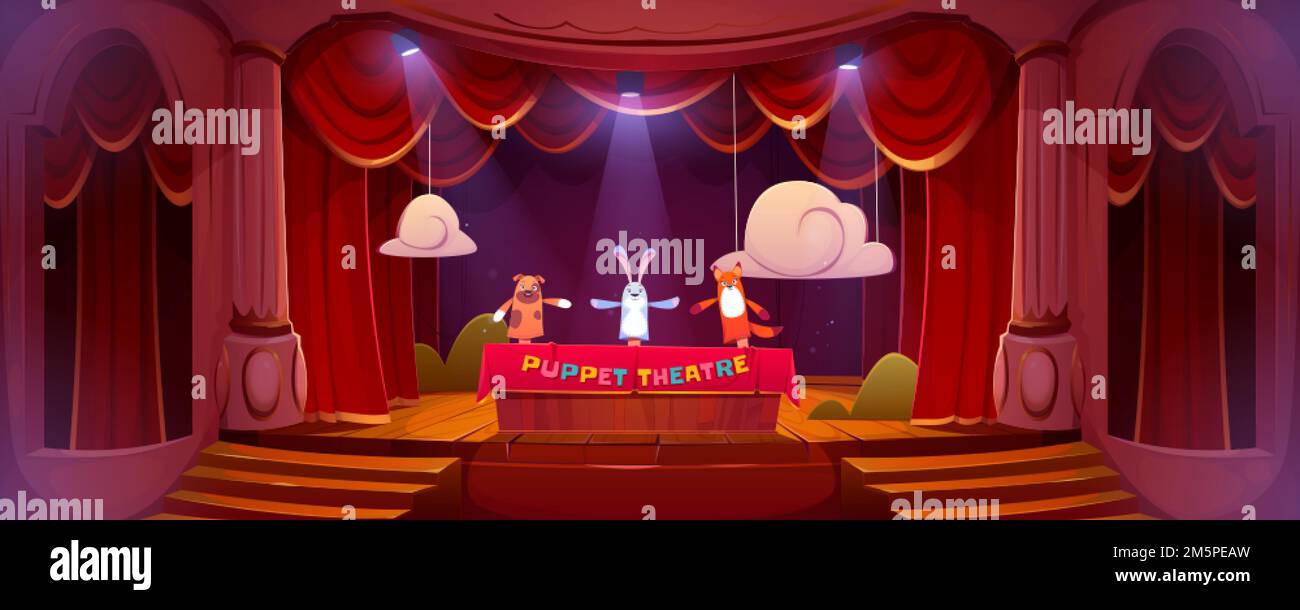 Puppentheater der Bühne, lustige Puppen führen Show für Kinder auf Szene mit roten Vorhängen, Treppen und Beleuchtung. Hund, Kaninchen und Fuchs Thea Stock-Vektorgrafik - Alamy