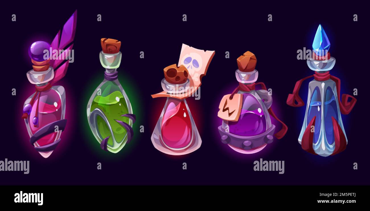 Hexenelixier, Zaubertränke in Glasflaschen mit Korken und Anhängern. Spielwaren aus Alchemie-Fläschchen und -Gläsern mit flüssigen Giften und Tropfen, isoliert auf BL Stock Vektor