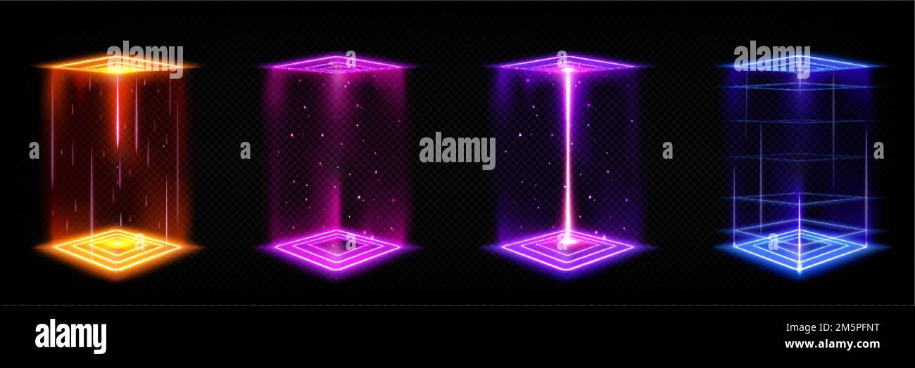 Futuristische Portale, magisches Hologramm-Teleport mit quadratischem Podium. Zeitreisekabine, Virtual-Reality-Projektor mit bunten Lichtstrahlen. Sky-Fi HUD tec Stock Vektor