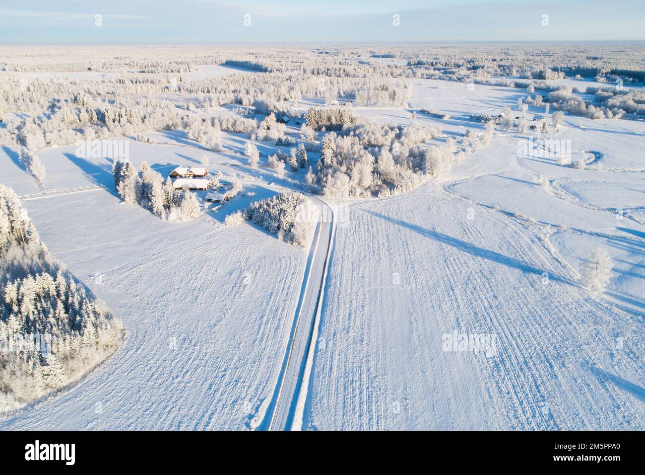 Luftaufnahme einer frostigen ländlichen Landschaft an einem Wintertag in Estland, Nordeuropa Stockfoto