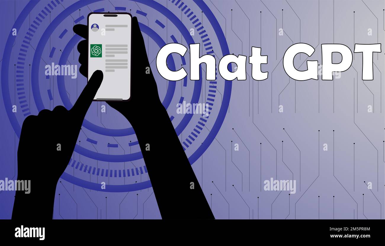 CHATGPT-Gesprächsmethoden-Illustrationen am mobilen Halten von Händen. Und Text-Chatgpt. Chatgpt ist ein künstliches Intiligence-Chatting-System. Stockfoto