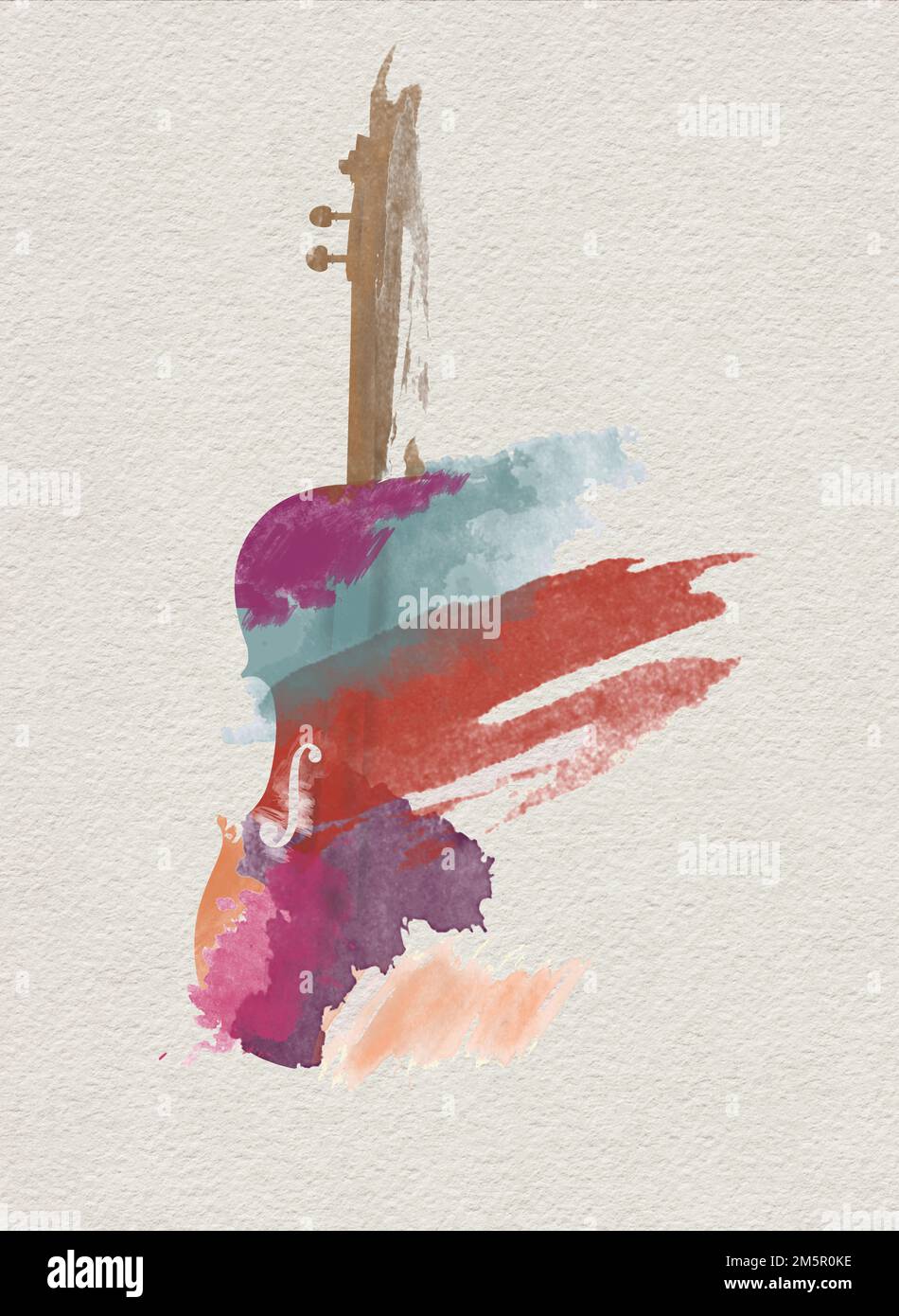In einem abstrakten Aquarellgemälde, isoliert auf weißem Hintergrund, ist ein Geigenmusikinstrument zu sehen. Stockfoto