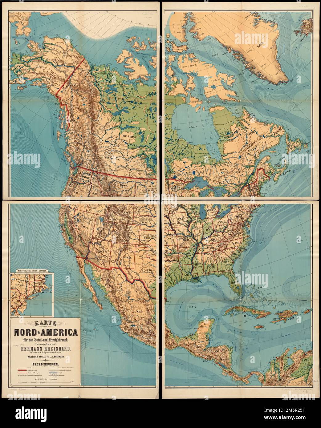 Karte von Nord-Amerika für den schul- und privatgebrauch. Zeigt Bundesstaaten, Städte, Gelände und Meeresströmungen. Außerdem werden Mexiko, Mittelamerika, Kanada und die Westindischen Inseln angezeigt. Freischnitt durch Schattierung dargestellt. Inset: Nordöstliche Union-Staaten.... , Nordamerika , Gebiet Vereinigte Staaten Stockfoto