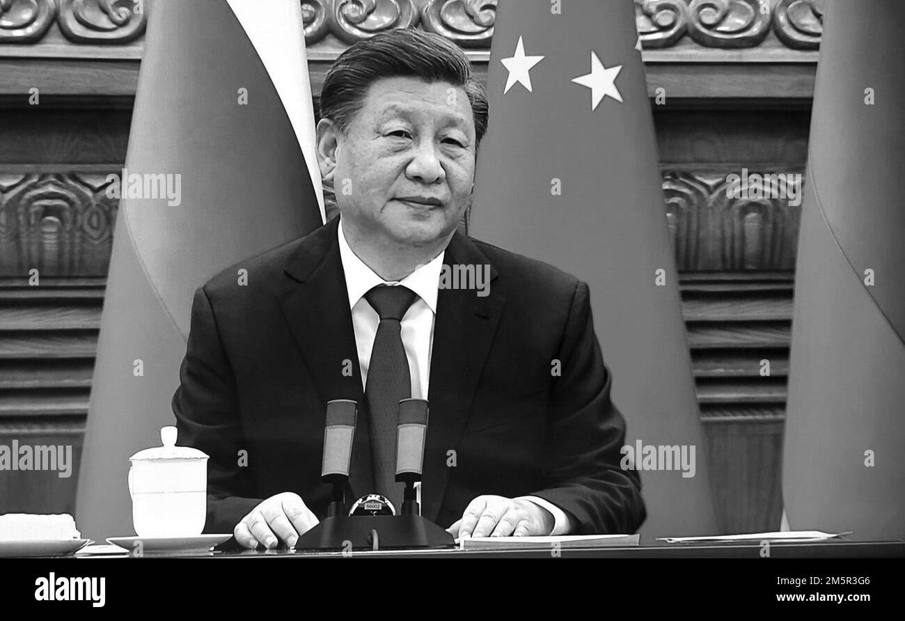 Der russische Präsident Vladimir Putin traf sich mit dem Präsidenten der Volksrepublik China Xi Jinping per Videokonferenz. Foto: Das Russische Präsidialamt Stockfoto