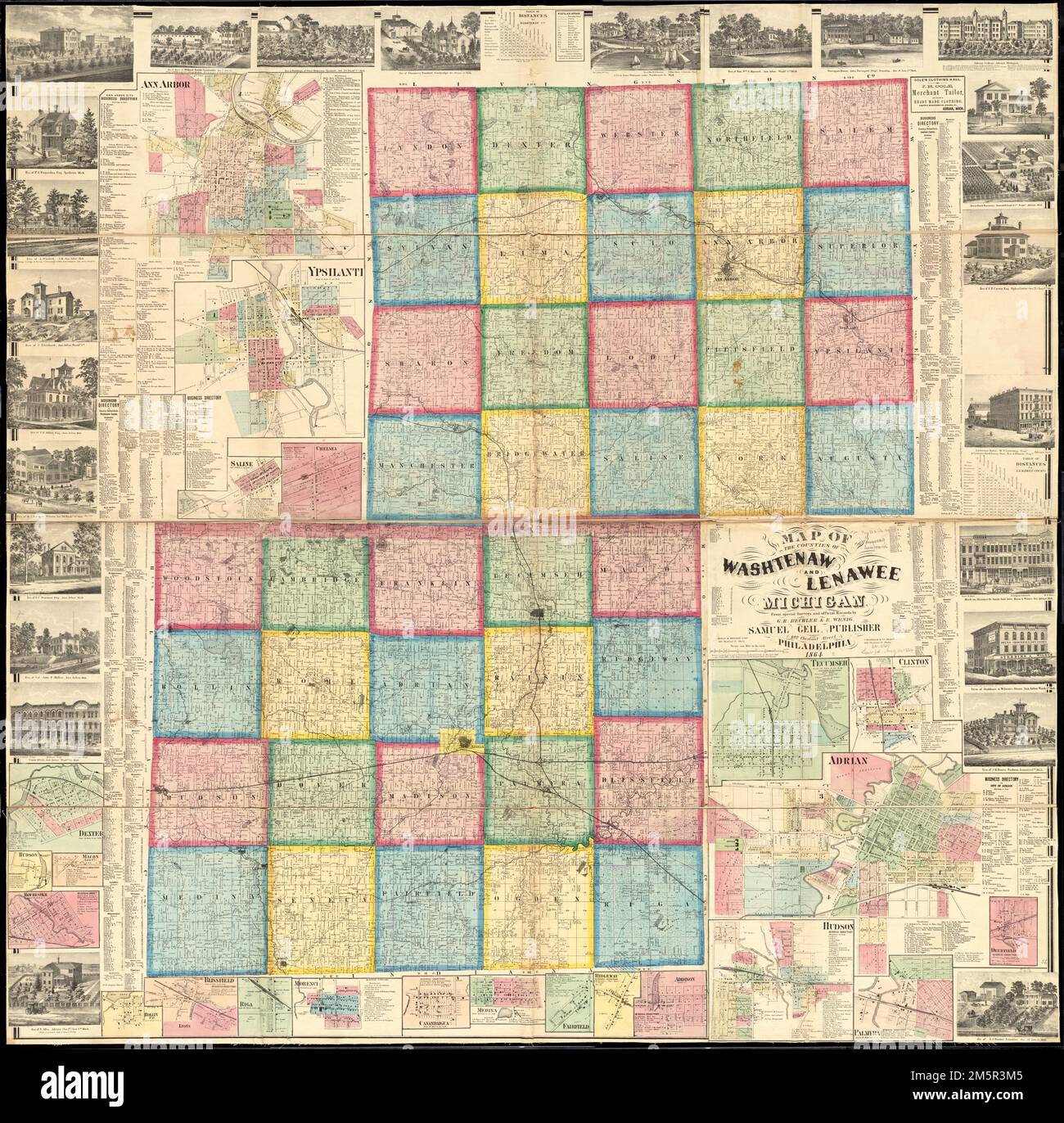 Karte der Grafschaften Washtenaw und Lenawee, Michigan. Worley & Bracher, engs., F. Bourquin & Co Drucken. "Eingetragen gemäß Kongressgesetz A.D. 1876 von Samuel Geil im Jahr 1863 im Büro des Bezirksgerichts des östlichen Bezirks von Pennsa." Umfasst Geschäftsverzeichnisse, Entfernungsdiagramme und 25-Ansichten von Geschäfts-, Wohn- und öffentlichen Gebäuden. Einsätze: Ann Arbor -- Ypsilanti -- Saline -- Chelsea -- Dexter -- Hudson -- Macon (Lex. Co.) - Manchester -- Rollin P.O. -- Blissfield -- Riga -- Morenci -- Canandaigua -- Medina -- Fairfield -- Ridgeway -- Addison -- Tecumseh Stockfoto