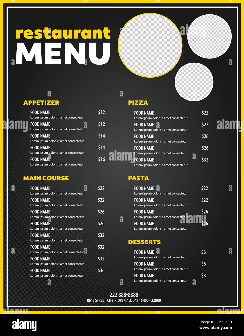 Einfache Restaurantkarte, modernes Design mit Kopierbereich für Bilder von Speisen Stock Vektor