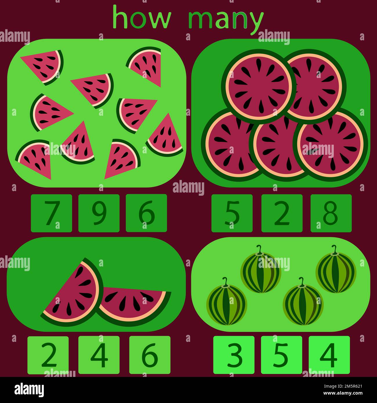 Zählen Sie, wie viele Wassermelonen sich im Picture-Rebus für Kinder unter 6 Jahren befinden Stock Vektor