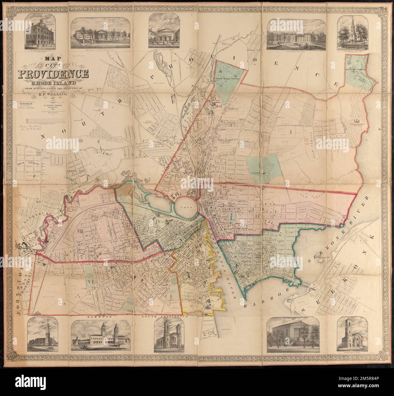 Karte der Stadt Providence, Rhode Island. Zeigt auch Stationsgrenzen und wichtige Grundbesitzer. Umfasst konzentrische Kreise, die in halben Meilen vom Zentrum der Weybosset Bridge vertrocknet sind. Ill. Der Gebäude in den oberen und unteren Rändern: Neues Zollhaus, Postamt und US-Gerichtsräume -- Brown University -- Providence Institution for Savings -- Butler Hospital for the Irre -- First Baptist Meeting House -- Grace Church -- General Railroad Passenger Station -- Central Congregational Church -- Providence Athenaeum - Zentrale Baptistenkirche Rhode Island, Providence, County, Providence Stockfoto Karte der Stadt Providence, Rhode Island. Zeigt auch Stationsgrenzen und wichtige Grundbesitzer. Umfasst konzentrische Kreise, die in halben Meilen vom Zentrum der Weybosset Bridge vertrocknet sind. Ill. Der Gebäude in den oberen und unteren Rändern: Neues Zollhaus, Postamt und US-Gerichtsräume -- Brown University -- Providence Institution for Savings -- Butler Hospital for the Irre -- First Baptist Meeting House -- Grace Church -- General Railroad Passenger Station -- Central Congregational Church -- Providence Athenaeum - Zentrale Baptistenkirche Rhode Island, Providence, County, Providence Stockfoto