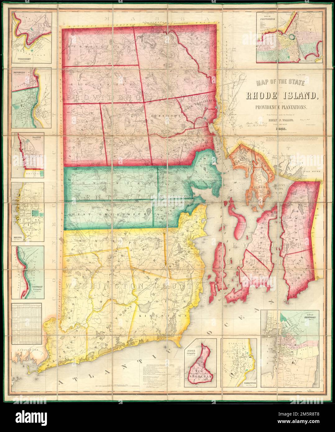 Karte des Bundesstaates Rhode Island und Providence Plantagen. Erleichterung durch Hachures. Insetts: Stadt Providence -- Woonsocket -- Pawtucket -- Warren -- Bristol -- Westerley Village -- Block Island -- Greenwich -- Stadt Newport. Enthält Statistiktabellen. Zeigt Gebäude und Namen von Immobilieneigentümern , Rhode Island Stockfoto Karte des Bundesstaates Rhode Island und Providence Plantagen. Erleichterung durch Hachures. Insetts: Stadt Providence -- Woonsocket -- Pawtucket -- Warren -- Bristol -- Westerley Village -- Block Island -- Greenwich -- Stadt Newport. Enthält Statistiktabellen. Zeigt Gebäude und Namen von Immobilieneigentümern , Rhode Island Stockfoto