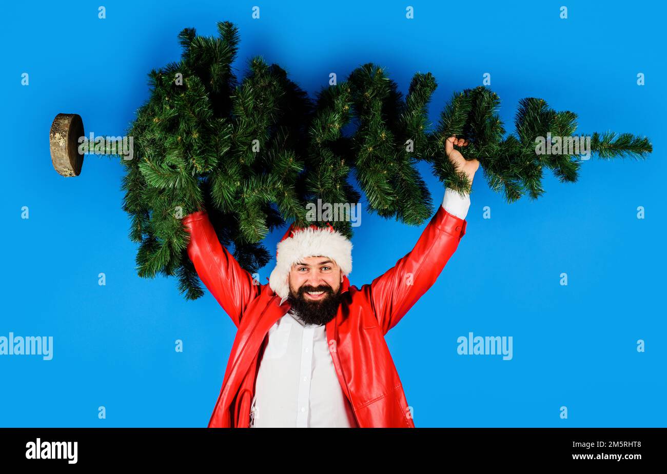 Lächelnder bärtiger Mann mit Weihnachtsmannmütze und Weihnachtsbaum. Neujahrsfeier. Lieferservice. Stockfoto