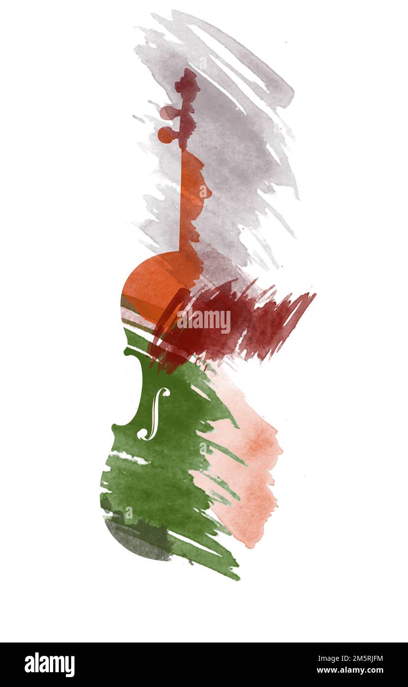 In einem abstrakten Aquarellgemälde, isoliert auf weißem Hintergrund, ist ein Geigenmusikinstrument zu sehen. Stockfoto