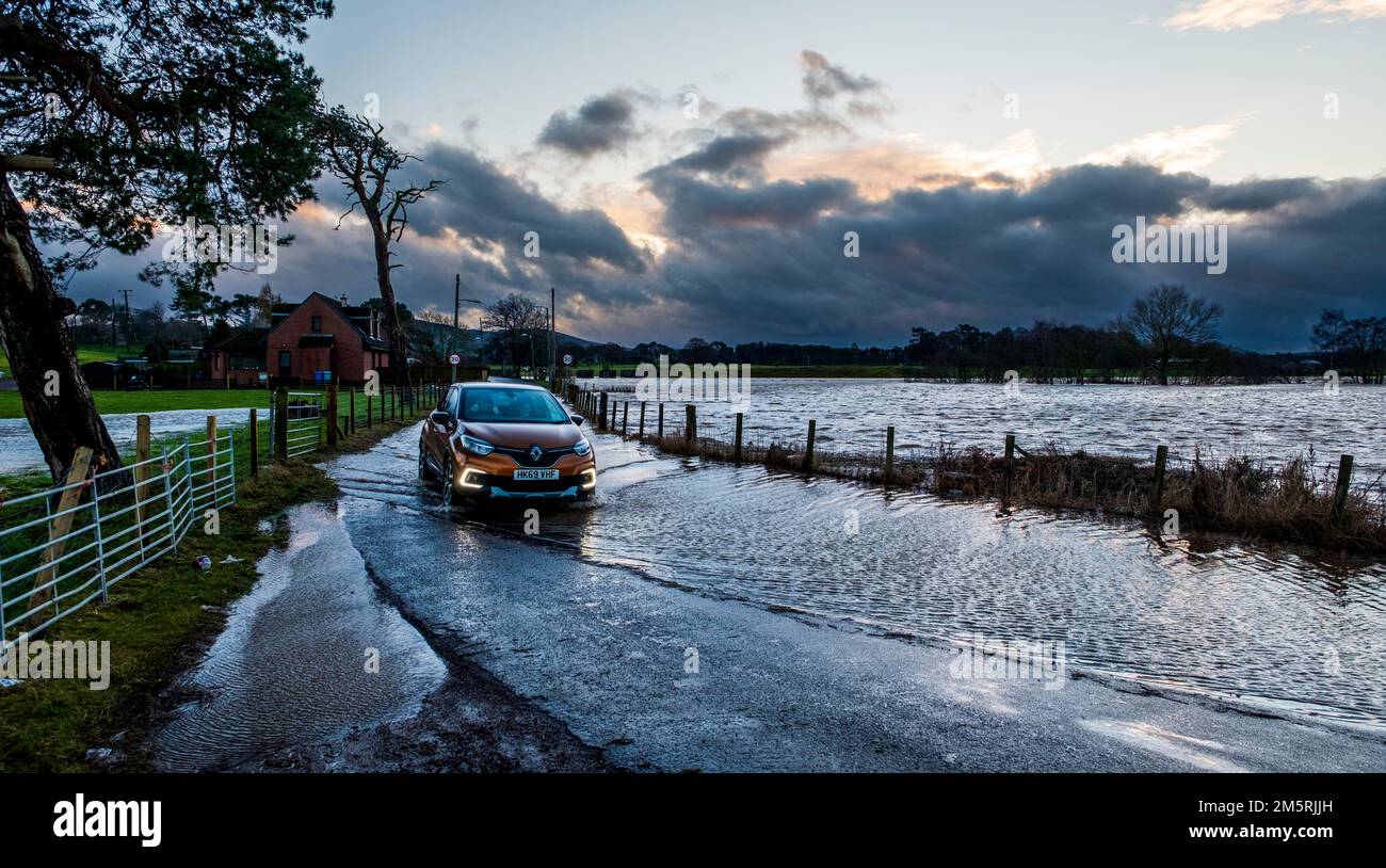 Der Fluss Clyde in South Lanarkshire, Schottland, nach Tagen mit starkem Regen überschwemmt Stockfoto