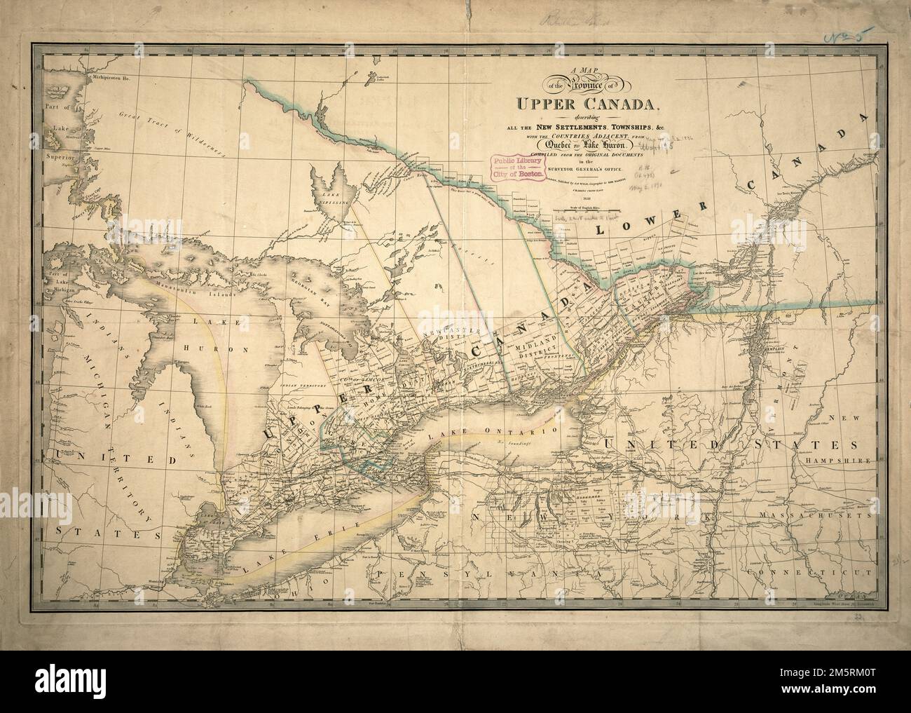 Eine Karte der Provinz Upper Canada, die alle neuen Siedlungen, Townships und cc beschreibt. Mit den Nachbarländern, von Quebec bis zum Huronsee: Zusammengestellt aus den Originaldokumenten im Büro des Generalstaatsanwalts. Nach der amerikanischen Revolution verließen viele britische Loyalisten ihre Häuser in den dreizehn Kolonien und zogen nach Kanada, wo sie sich in der Region nördlich der Seen Erie und Ontario und südlich des Ottawa River niederließen. 1791 wurde die Provinz Quebec in Ober- und Unterkanada unterteilt, wie auf dieser Karte von 1836 dargestellt. Niederkanada blieb ein Gebiet der französischen Kultur und Siedlung, aber Oberes C. Stockfoto