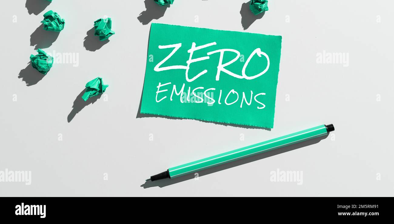 Konzeptionelle Überschrift: Keine Emissionen. Das Wort auf gibt keine umweltschädlichen Abfallprodukte ab Stockfoto
