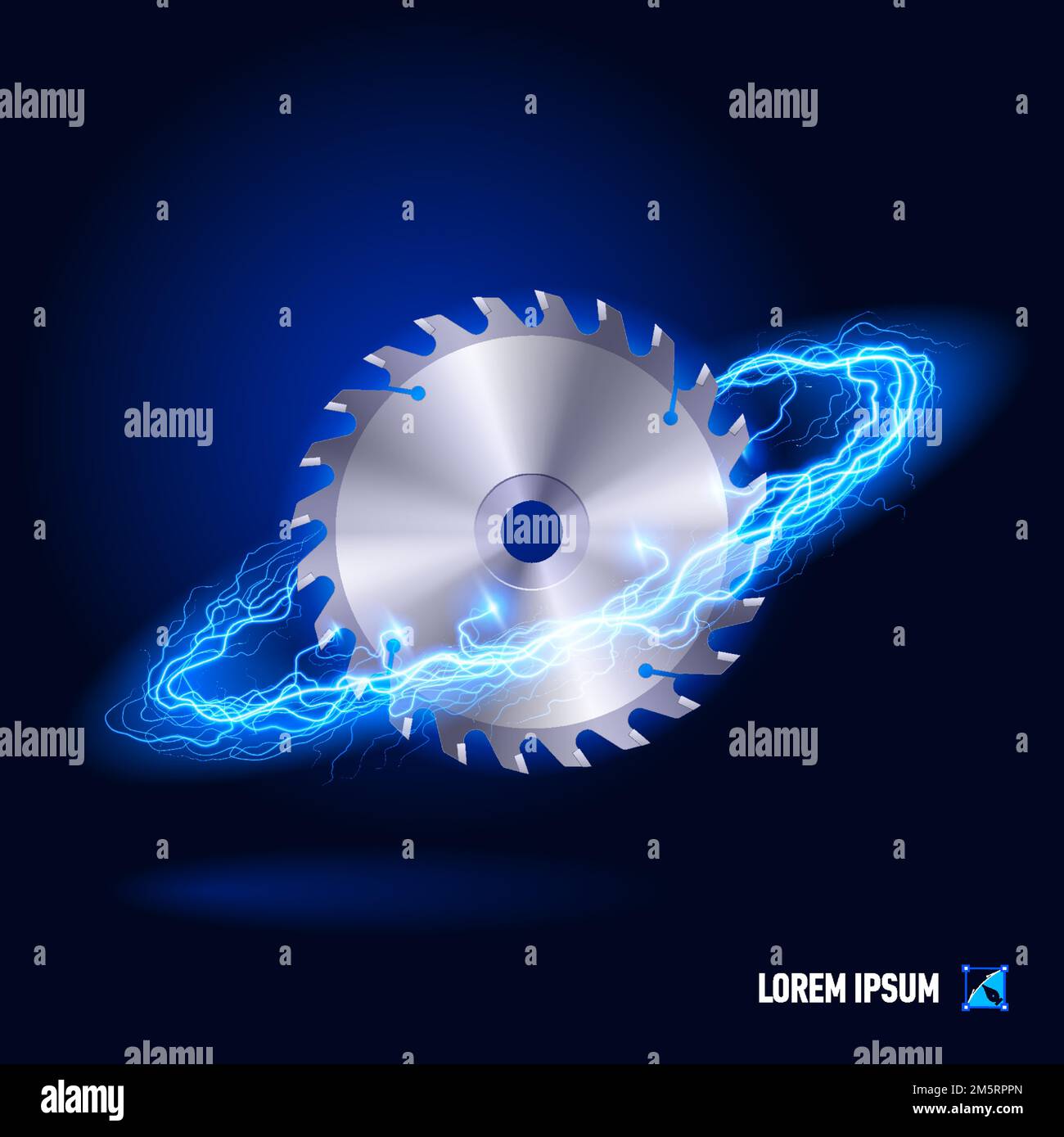 Scheibe für Kreissäge, umgeben von einem blauen Energiestrom im Bereich unten im Text Stock Vektor