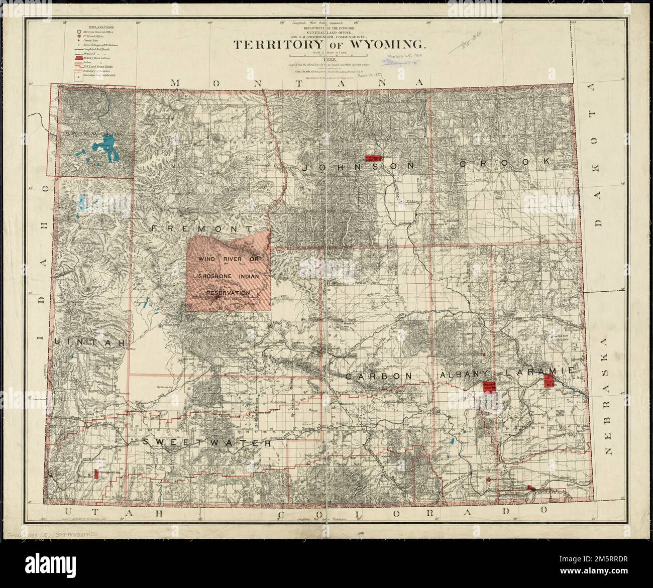 Gebiet von Wyoming. Erleichterung durch Hachures. Erste Meridiane: Greenwich und Washington Wyoming Stockfoto