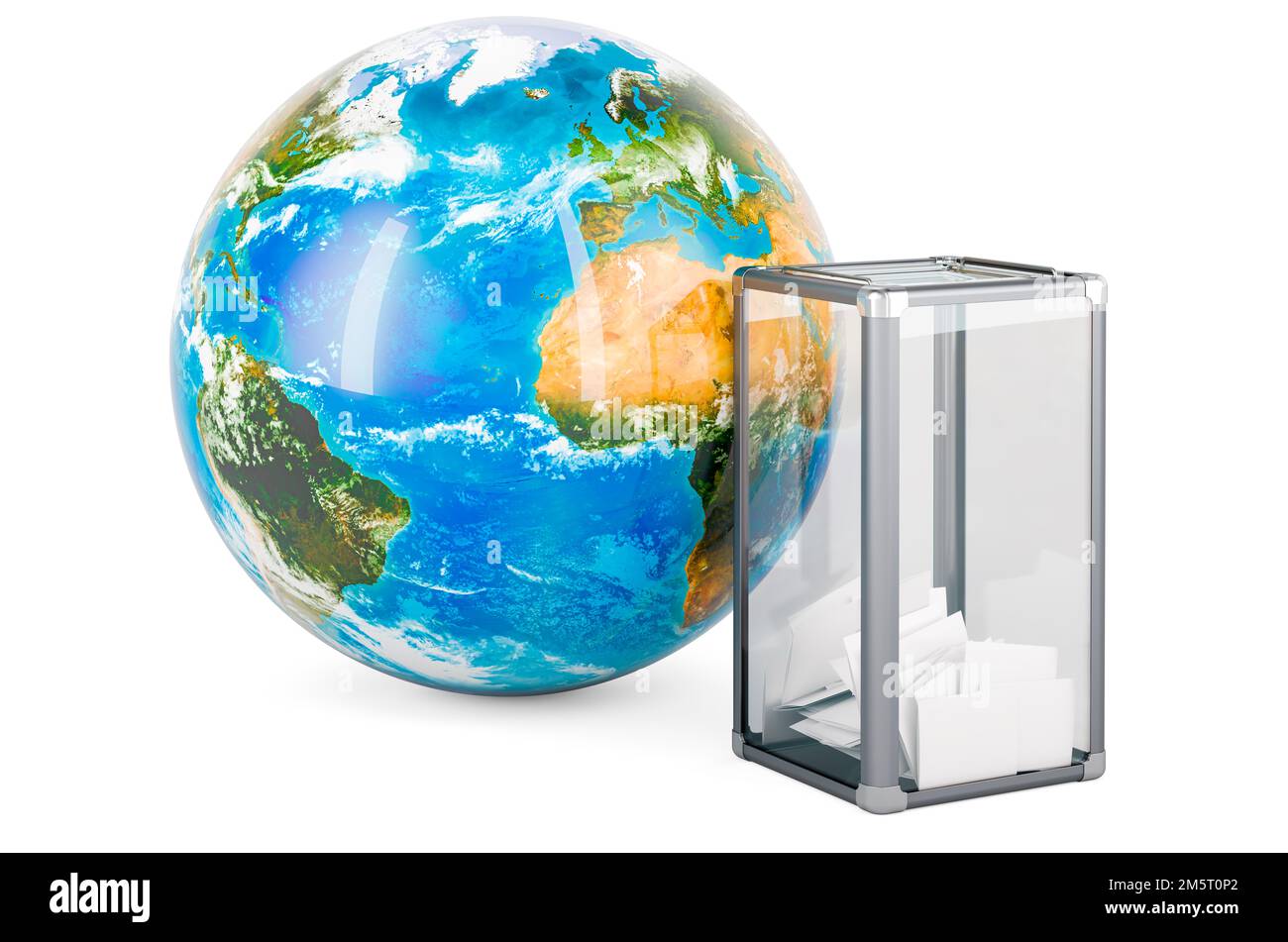 Wahlurne mit Earth Globe. 3D-Rendering auf weißem Hintergrund isoliert auf weißem Hintergrund Stockfoto