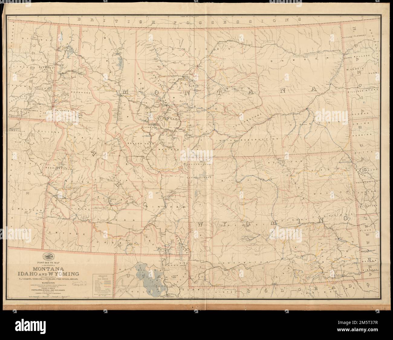 Nach der Streckenkarte der Bundesstaaten Montana, Idaho und Wyoming mit angrenzenden Teilen von N. & S. Dakota, Nebraska, Colorado, Utah, Nevada, Oregon und Washington, Postämter mit mittleren Entfernungen und Postrouten am 1. Oktober 1891 in Betrieb. Außerdem werden Bezirke, Eisenbahnen, Postrouten und die Häufigkeit des Postdienstes angezeigt. Beste Meridiane: Washington und Greenwich. „Der Dienst in diesem Diagramm wurde bis zum 1. Oktober aktualisiert. 1891.'... , Idaho Montana Wyoming Stockfoto