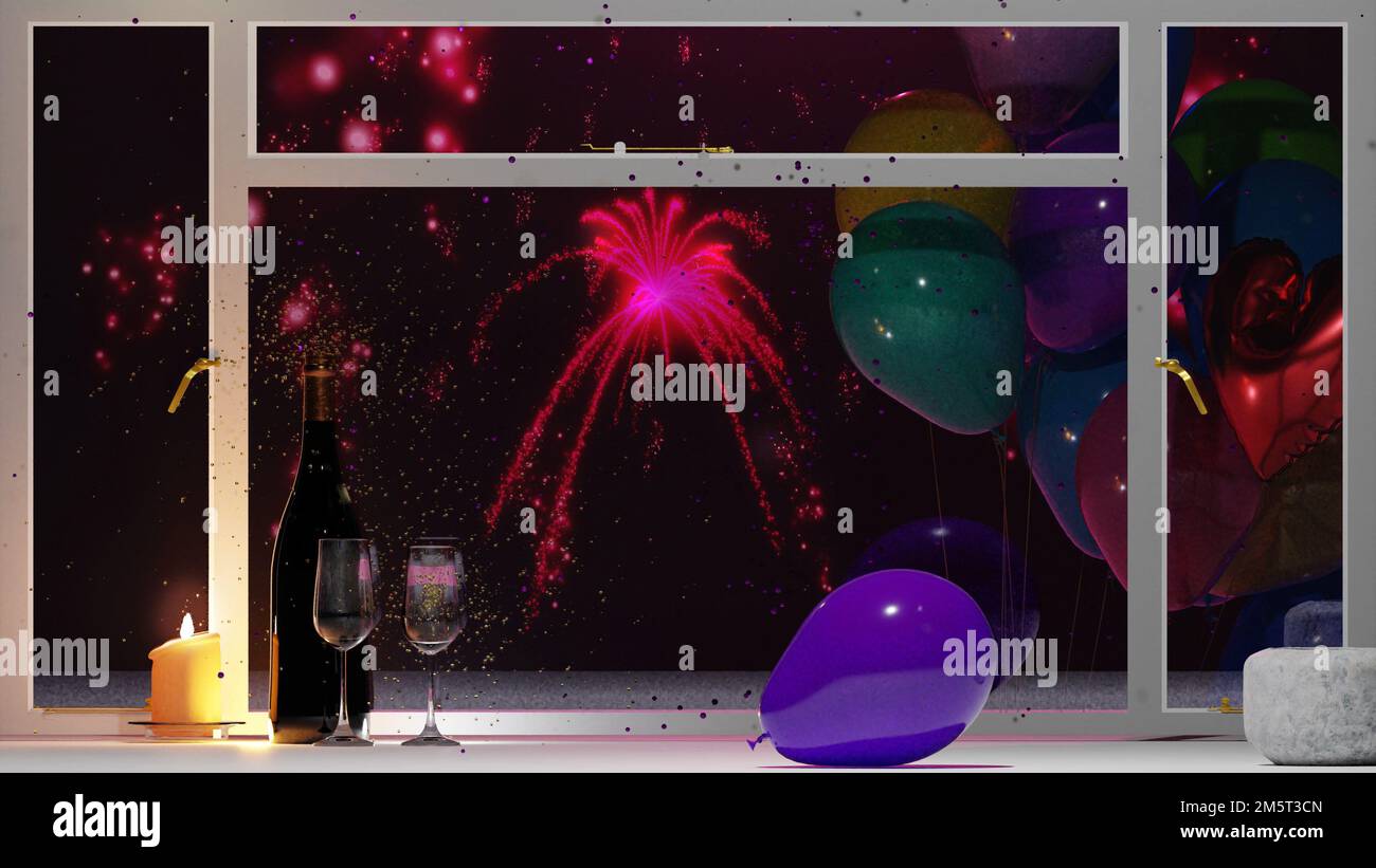 Silvesterfeier mit Champagnerflasche und Gläsern. Feuerwerk vor dem Fenster. Stockfoto