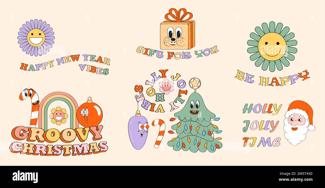 Maskottchen Neujahr Zeichen Retro Vektorset. Holly fröhliches Geschenk, verrückte, groovy weihnachtsgrußkarte. Stock Vektor