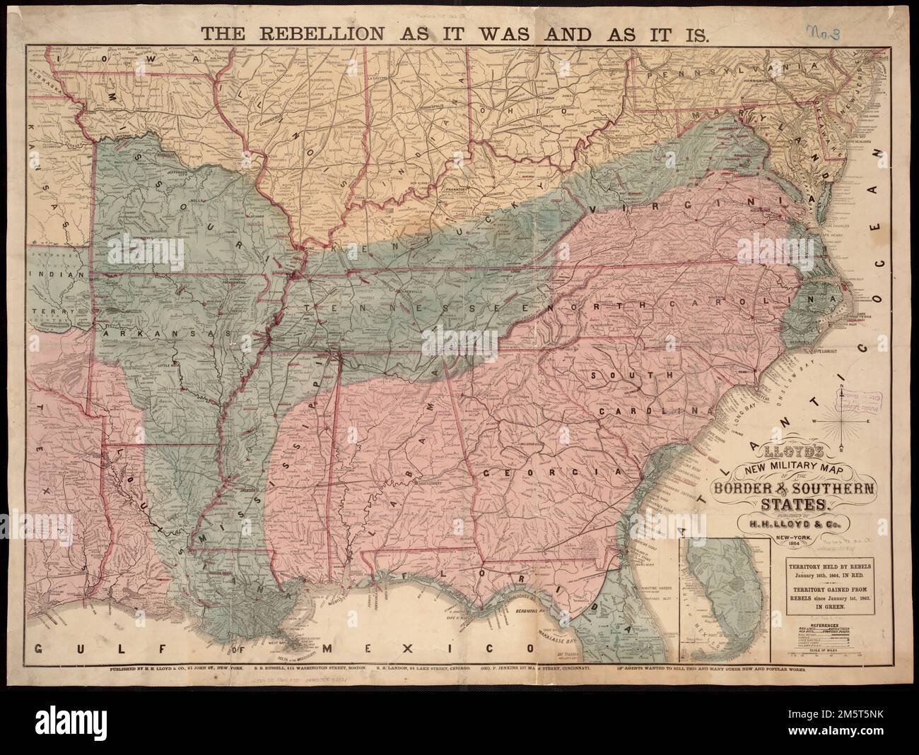 Lloyds neue Militärkarte der Grenz- und Südstaaten. Hall wurde nicht als Autor auf diesem Landkartenstatus anerkannt, ist aber auf dem 1862. Staat. Wichtige Städte oder Orte militärischer Aktionen, gekennzeichnet durch rote Unterstreichung. "Territorium der Rebellen am 15. Februar 1865 in Rot. Seit dem 1. Januar 1862 von Rebellen erworbenes Territorium in Gelb. Kennzeichnet die wichtigsten Eisenbahnstrecken. Südliche Hälfte von Florida in unbenanntem Inset. Die Namen der Vertriebsmitarbeiter werden unten in der ordentlichen Zeile angezeigt Konföderierte Staaten von Amerika, Gegend Stockfoto
