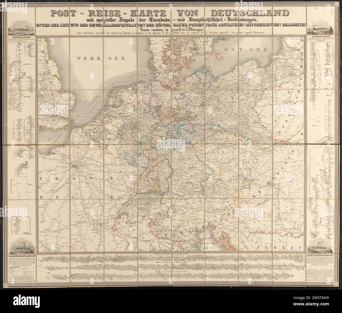 Post-reise-karte von Deutschland mit spezieller angabe der eisenbahn- und dampfschiffahrt-verbindungen : unter der leitung der Generalverwaltung der Königl. Bayer. Posten nach amtlich mittheilungen bearbeit = Carte-routière et postale de l'Allemagne, avec indication speciale des courses des bateaux à vapeur et des chemins de fer. Enthält Karten der Eisenbahnlinien links und rechts neben der Karte. Inklusive Karte der Dampfschiffstationen Donau, Rhein und Elbe. Enthält 4 Illustrationen von Zügen und Dampfschiffen. Reise-routen für europäische Großstädte auf Verso geklebt. Der Titel in deutscher und französischer Sprache Stockfoto