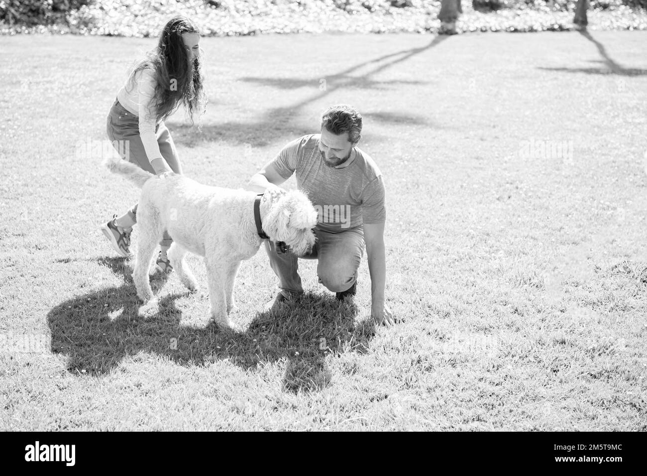 Freundliche Familie mit Haustier Spaß. Glückliche Mann und Frau spielen mit Hund. Kerl und Mädchen entspannen zusammen Stockfoto